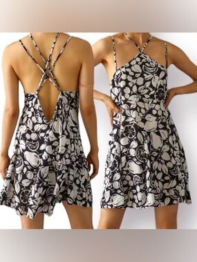 Anthropologie Black & White Floral Halter Summer mini flowy boho Dress Sz xs